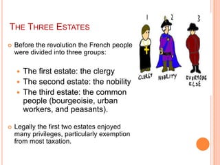 THE THREE ESTATES
   Before the revolution the French people
    were divided into three groups:

       The first estate: the clergy
       The second estate: the nobility
       The third estate: the common
        people (bourgeoisie, urban
        workers, and peasants).

   Legally the first two estates enjoyed
    many privileges, particularly exemption
    from most taxation.
 