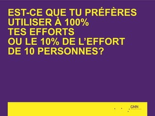 EST-CE QUE TU PRÉFÈRES
UTILISER À 100%
TES EFFORTS
OU LE 10% DE L’EFFORT
DE 10 PERSONNES?
 