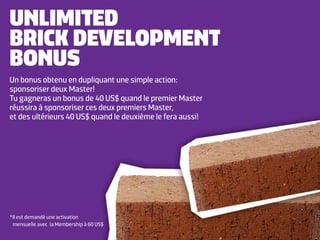 UNLIMITED
BRICK DEVELOPMENT
BONUS
Un bonus obtenu en dupliquant une simple action:
sponsoriser deux Master!
Tu gagneras un bonus de 40 US$ quand le premier Master
réussira à sponsoriser ces deux premiers Master,
et des ultérieurs 40 US$ quand le deuxième le fera aussi!




*Il est demandé une activation
 mensuelle avec la Membership à 60 US$
 