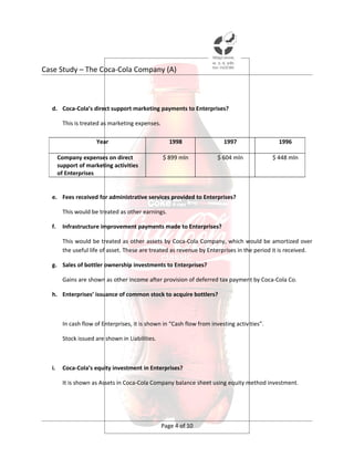 Case Study – The Coca-Cola Company (A)



  d. Coca-Cola’s direct support marketing payments to Enterprises?

         This is treated as marketing expenses.

                      Year                           1998                 1997                  1996

       Company expenses on direct                 $ 899 mln             $ 604 mln             $ 448 mln
       support of marketing activities
       of Enterprises


  e. Fees received for administrative services provided to Enterprises?

         This would be treated as other earnings.

  f.     Infrastructure improvement payments made to Enterprises?

         This would be treated as other assets by Coca-Cola Company, which would be amortized over
         the useful life of asset. These are treated as revenue by Enterprises in the period it is received.

  g. Sales of bottler ownership investments to Enterprises?

         Gains are shown as other income after provision of deferred tax payment by Coca-Cola Co.

  h. Enterprises’ issuance of common stock to acquire bottlers?



         In cash flow of Enterprises, it is shown in “Cash flow from investing activities”.

         Stock issued are shown in Liabilities.



  i.     Coca-Cola’s equity investment in Enterprises?

         It is shown as Assets in Coca-Cola Company balance sheet using equity method investment.




                                                  Page 4 of 10
 