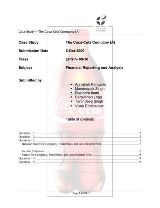 Case Study – The Coca-Cola Company (A)

Case Study                                              The Coca-Cola Company (A)

Submission Date                                         6-Oct-2009

Class                                                   EPGP– 09-10

Subject                                                 Financial Reporting and Analysis


Submitted by
                                                                  Abhishek Pangaria
                                                                  Mandeepak Singh
                                                                  Rajendra Inani
                                                                  Saravanan Logu
                                                                  Tarandeep Singh
                                                                  Vivek Edlabadkar


                                                        Table of contents


Question – 1: ...................................................................................................................................2
Question – 2: ...................................................................................................................................3
Question – 3: ...................................................................................................................................5
  Balance Sheet for Company, Enterprises and consolidated firm.................................................7

  Income Statement.........................................................................................................................7
  Ratios for Company, Enterprises and consolidated firm.............................................................9
Question – 4: ...................................................................................................................................9
Question – 5: ...................................................................................................................................9




                                                                 Page 1 of 10
 