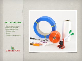 PALLETTISATION
• Cornieres en carton, en
plastique ou tetrapack
neutre ou personnelisé
• Filet pour pallet
• Stretch
• Feuillard en polipropilene
 