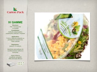 IV GAMME
          Structure:
      Film monocouche
          ou stratifié
         Constitution:
    Antibuée polypropylène,
polyéthylène antibuée, Polyester

           Application:
 Fruits et légumes préparés ou
   partiellement transformés,
          Plats cuisinés

         Impression:
      jusqu'à 10 couleurs

  Machines automatiques de
  conditionnement vertical et
          horizontal.

        Haute brillance
     excellente usinabilité
    effet anti-buée efficace
 