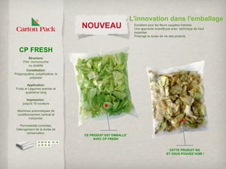 L'innovation dans l'emballage
                                  NOUVEAU                    Excellent pour les fleurs coupées fraîches
                                                             Une approche scientifique avec technique de haut
                                                             expertise
                                                             Prolonge la durée de vie des produits



   CP FRESH
          Structure:
      Film monocouche
          ou stratifié
        Constitution:
Polypropylène, polyéthylène, le
          polyester

          Application:
 Fruits et Légumes premier et
        quatrième rang

        Impression:
     jusqu'à 10 couleurs

  Machines automatiques de
  conditionnement vertical et
          horizontal.

     Perméabilité contrôlée,
 l'allongement de la durée de
         conservation.
                                  CE PRODUIT EST EMBALLE’
                                       AVEC CP FRESH


                                                                                     CETTE PRODUIT NO
                                                                                   ET VOUS POUVEZ VOIR !
 