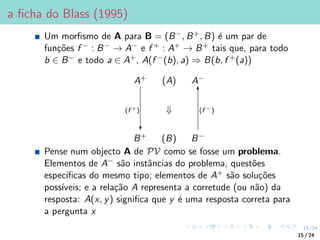 15/24
a ficha do Blass (1995)
Um morfismo de A para B = (B−, B+, B) é um par de
funções f − : B− → A− e f + : A+ → B+ tais que, para todo
b ∈ B− e todo a ∈ A+, A(f −(b), a) ⇒ B(b, f +(a))
A+ (A) A−
⇓
B+
(f +)
?
(B) B−
6
(f −)
Pense num objecto A de PV como se fosse um problema.
Elementos de A− são instâncias do problema, questões
especı́ficas do mesmo tipo; elementos de A+ são soluções
possı́veis; e a relação A representa a corretude (ou não) da
resposta: A(x, y) significa que y é uma resposta correta para
a pergunta x
15 / 24
 