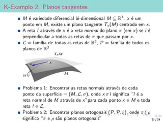 21/24
K-Examplo 2: Planos tangentes
M é variedade diferencial bi-dimensional M ⊆ R3. x é um
ponto em M, existe um plano tangente Tx (M) centrado em x.
A reta l através de x é a reta normal do plano π (em x) se l é
perpendicular a todas as retas de π que passam por x.
L = famı́lia de todas as retas de R3, P = famı́lia de todos os
planos de R3
Problema 1: Encontrar as retas normais através de cada
ponto da superfı́cie = (M, L, σ), onde x σ l significa “l é a
reta normal de M através de x”para cada ponto x ∈ M e toda
reta l ∈ L,
Problema 2: Encontrar planos ortogonais (P, P, ξ), onde π ξ ρ
significa “π e ρ são planos ortogonais” 21 / 24
 