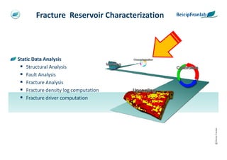 Fracture Reservoir Characterization



Static Data Analysis
    Structural Analysis
    Fault Analysis
    Fracture Analysis
    Fracture density log computation
    Fracture driver computation




                                              @ Beicip-Franlab
 