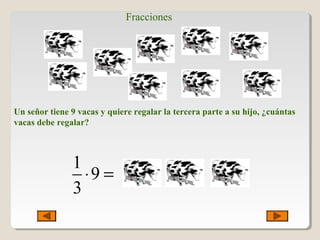 Fracciones
Un señor tiene 9 vacas y quiere regalar la tercera parte a su hijo, ¿cuántas
vacas debe regalar?
1
9
3
⋅ =
 