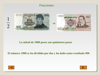 Fracciones
1
2
=
La mitad de 1000 pesos son quinientos pesos
El número 1000 se ha dividido por dos y ha dado como resultado 500
 
