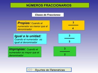 NÚMEROS FRACCIONARIOS  Clases de Fracciones: Propias:   Cuando el numerador es menor que el denominador Igual a la unidad:  Cuando el numerador  es igual al denominador Impropias:  Cuando el numerador es mayor que el denominador 3 4  3 3 3 2 