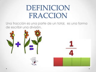 DEFINICION
FRACCION
Una fracción es una parte de un total, es una forma
de escribir una división.

 