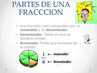 PARTES DE UNA
FRACCCION
• Una fracción esta compuesta por un
numerador y un denominador.
• Denominador: Partes en que se
divide la unidad
• Numerador: Partes que tomamos de
la unidad.

 
