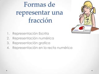 Formas de
representar una
fracción
1.
2.
3.
4.

Representación Escrita
Representación numérica
Representación grafica
Representación en la recta numérica

 