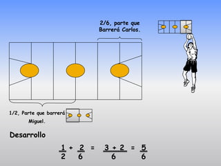 2/6, parte que
                              Barrerá Carlos.




1/2, Parte que barrerá
       Miguel.

Desarrollo
                    1 + 2 =    3 + 2 = 5
                    2   6        6     6
 