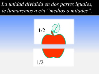 La unidad dividida en dos partes iguales,
le llamaremos a c/u “medios o mitades”.


                1/2




               1/2
 