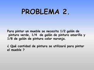PROBLEMA 2.

Para pintar un mueble se necesita 1/2 galón de
 pintura verde, 1/4 de galón de pintura amarilla y
1/8 de galón de pintura color naranja.

¿ Qué cantidad de pintura se utilizará para pintar
el mueble ?
 