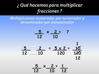 5       x     2 =     ?
      12            10
                          1
 5    2        = 5 x 2 = 10
12    10          120    120
                          12
      5    x        2 = 1
     12            10   12
 