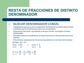 RESTA DE FRACCIONES DE DISTINTO DENOMINADOR BUSCAR DENOMINADOR COMÚN. Trabajaremos igual que con la comparación de fracciones de distinto denominador. Importante que el minuendo sea mayor que el sustraendo Buscaremos fracciones, equivalentes a las que nos den, que tengan el mismo denominador.  Para ello haremos la amplificación de cada fracción por el denominador de la otra fracción.  Para terminar restaremos las fracciones equivalentes con el mismo denominador Ejemplo:  8/3 – 2/4 8 x 4   32   y  2 x 3   6 3 x 4  12  4 x 3  12 8   2   32  6   32-6   26 3  4  12  12  12  12 
