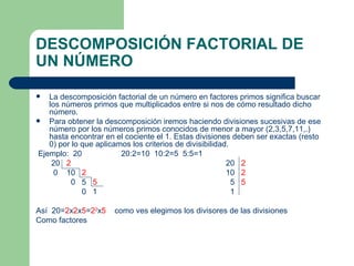 DESCOMPOSICIÓN FACTORIAL DE UN NÚMERO La descomposición factorial de un número en factores primos significa buscar los números primos que multiplicados entre si nos de cómo resultado dicho número. Para obtener la descomposición iremos haciendo divisiones sucesivas de ese número por los números primos conocidos de menor a mayor (2,3,5,7,11,.) hasta encontrar en el cociente el 1. Estas divisiones deben ser exactas (resto 0) por lo que aplicamos los criterios de divisibilidad. Ejemplo:  20  20:2=10  10:2=5  5:5=1  20  2  20  2 0  10  2  10  2 0  5  5  5  5 0  1  1 Así  20= 2 x 2 x 5 = 2 2 x 5   como ves elegimos los divisores de las divisiones Como factores  