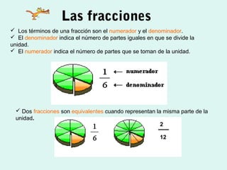 Las fracciones
 Los términos de una fracción son el numerador y el denominador.
 El denominador indica el número de partes iguales en que se divide la
unidad.
 El numerador indica el número de partes que se toman de la unidad.
 Dos fracciones son equivalentes cuando representan la misma parte de la
unidad.
2
12
 