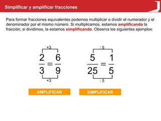 Simplificar y amplificar fracciones Para formar fracciones equivalentes podemos multiplicar o dividir el numerador y el denominador por el mismo número. Si multiplicamos, estamos  amplificando  la fracción; si dividimos, la estamos  simplificando . Observa los siguientes ejemplos: ×3 ×3 AMPLIFICAR : 5 : 5 SIMPLIFICAR 