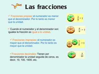 Las fracciones <ul><li>Fracciones propias :  el numerador es menor que el denominador. Por lo tanto es menor que la unidad...