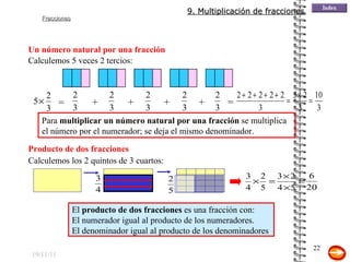 19/11/11 Un número natural por una fracción + = + = Calculemos 5 veces 2 tercios: + + Para  multiplicar un número natural por una fracción  se multiplica el número por el numerador; se deja el mismo denominador. Producto de dos fracciones El  producto de dos fracciones  es una fracción con: El numerador igual al producto de los numeradores. El denominador igual al producto de los denominadores Calculemos los 2 quintos de 3 cuartos: 9. Multiplicación de fracciones 