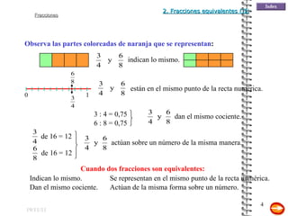 19/11/11 Observa las partes coloreadas de naranja que se representan : 0 1 3 : 4 = 0,75 6 : 8 = 0,75 Cuando dos fracciones son equivalentes: Indican lo mismo. Se representan en el mismo punto de la recta numérica. Dan el mismo cociente. Actúan de la misma forma sobre un número. 2. Fracciones equivalentes (II) indican lo mismo. están en el mismo punto de la recta numérica. dan el mismo cociente. de 16 = 12 de 16 = 12 actúan sobre un número de la misma manera. 