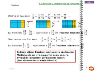 19/11/11 Observa las fracciones: Multiplicando sus términos por un mismo número. Observa estas otras fracciones: Podemos obtener fracciones equivalentes a una fracción: Dividiendo sus términos por un mismo número. (Este número debe ser distinto de cero.) 3. Ampliación y simplificación de fracciones (I) Las fracciones son  fracciones ampliadas  de equivalentes a Las fracciones son  fracciones reducidas  de equivalentes a 