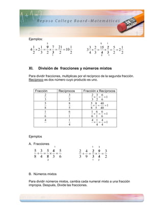 Ejemplos:
             3                                           5   1
  1    
     1 9 7 21      1                                 
                                              3 2 15 2 5  1
 4 2       10                           3     2
  2      
     3 2 3 2       2                                
                                              4 3 4 3 2   2
                     1                                   2       1




XI.     División de fracciones y números mixtos

Para dividir fracciones, multiplicas por el recíproco de la segunda fracción.
Recíproco es dos número cuyo producto es uno.


      Fracción               Recíprocos    Fracción x Recíprocos
            2                      3             2 3 6
                                                    1
            3                      2             3 2 6
            5                      8            5 8 40
                                                       1
            8                      5            8 5 40
            1                      6            1 6 6
                                                    1
            6                      1            6 1 6
            4                      1             4 1 4
                                                    1
                                   4                4 4


Ejemplos

A. Fracciones
                         1                      1    3

            
      5 3 5 4 5                                
                                          2 4 2 9 3
                                          
          
      8 4 8 3 6                                
                                          3 9 3 4 2
                 2                              1   2




B. Números mixtos

Para dividir números mixtos, cambia cada numeral mixto a una fracción
impropia. Después, Divide las fracciones.
 