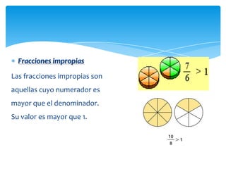 Fracciones impropias

Las fracciones impropias son
aquellas cuyo numerador es
mayor que el denominador.
Su valor es mayor que 1.
 