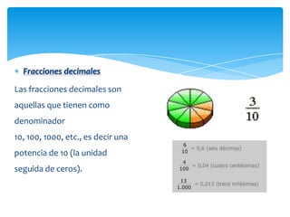 Fracciones decimales

Las fracciones decimales son
aquellas que tienen como
denominador
10, 100, 1000, etc., es decir una
potencia de 10 (la unidad
seguida de ceros).
 