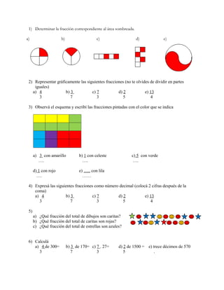 1) Determinar la fracción correspondiente al área sombreada.

a)                    b)                    c)                  d)            e)




 2) Representar gráficamente las siguientes fracciones (no te olvides de dividir en partes
    iguales)
   a) 4              b) 3           c) 7           d) 2            e) 13
      3                 7              3              5               4

 3) Observá el esquema y escribí las fracciones pintadas con el color que se indica




      a) 3 con amarillo           b) 1 con celeste           c) 5 con verde
         ….                         ….                        ….

      d) 1 con rojo               e) ….. con lila
        ….                          ……

 4) Expresá las siguientes fracciones como número decimal (colocá 2 cifras después de la
    coma)
    a) 4              b) 3           c) 7        d) 2           e) 13
      3                  7              3           5              4

 5)
      a) ¿Qué fracción del total de dibujos son caritas?
      b) ¿Qué fracción del total de caritas son rojas?
      c) ¿Qué fracción del total de estrellas son azules?


 6) Calculá
    a) 4 de 300=           b) 3 de 170= c) 7 . 27=     d) 2 de 1500 = e) trece décimos de 570
      3                       7            3              5              .
 