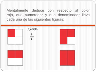 Mentalmente deduce con respecto al color
rojo, que numerador y que denominador lleva
cada una de las siguientes figuras:
Ejemplo
1
4
 