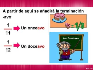 A partir de aquí se añadirá la terminación
-avo

1

Un onceavo

11
1
12

Un doceavo

 