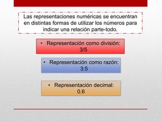 Las representaciones numéricas se encuentran
en distintas formas de utilizar los números para
indicar una relación parte-todo.
• Representación como división:
3/5
• Representación como razón:
3:5
• Representación decimal:
0.6

 
