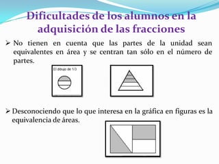 Dificultades de los alumnos en la
adquisición de las fracciones
 No tienen en cuenta que las partes de la unidad sean
equivalentes en área y se centran tan sólo en el número de
partes.

 Desconociendo que lo que interesa en la gráfica en figuras es la
equivalencia de áreas.

 