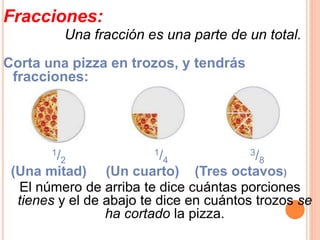 Fracciones:
Una fracción es una parte de un total.
Corta una pizza en trozos, y tendrás
fracciones:
1/2
1/4
3/8
(Una mitad) (Un cuarto) (Tres octavos)
El número de arriba te dice cuántas porciones
tienes y el de abajo te dice en cuántos trozos se
ha cortado la pizza.
 