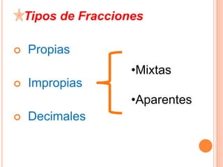 Tipos de Fracciones
 Propias
 Impropias
 Decimales
•Mixtas
•Aparentes
 