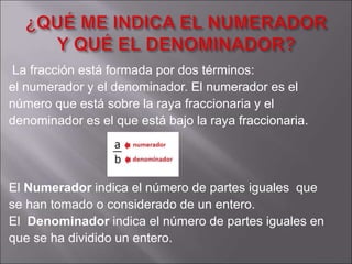 La fracción está formada por dos términos: 
el numerador y el denominador. El numerador es el 
número que está sobre la raya fraccionaria y el 
denominador es el que está bajo la raya fraccionaria. 
El Numerador indica el número de partes iguales que 
se han tomado o considerado de un entero. 
El Denominador indica el número de partes iguales en 
que se ha dividido un entero. 
 