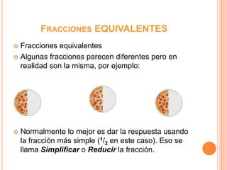 FRACCIONES EQUIVALENTES
Fracciones equivalentes
Algunas fracciones parecen diferentes pero en
realidad son la misma, por ejemplo:
Normalmente lo mejor es dar la respuesta usando
la fracción más simple (1/2 en este caso). Eso se
llama Simplificar o Reducir la fracción.
