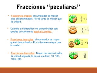 Fracciones “peculiares”
• Fracciones propias: el numerador es menor
que el denominador. Por lo tanto es menor que
la unidad.
• Cuando el numerador y el denominador son
iguales la fracción es igual a la unidad.
• Fracciones impropias: el numerador es mayor
que el denominador. Por lo tanto es mayor que
la unidad.
• Fracciones decimales: Tienen por denominador
la unidad seguida de ceros, es decir, 10, 100,
1000, etc.
 