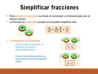 Simplificar fracciones
• Para simplificar fracciones se divide el numerador y el denominador por el
mismo número.
• La fracción es irreducible cuando no se puede simplificar más.
– Con el mismo numerador: es
mayor la que tiene el
denominador menor.
• Comparación de fracciones:
– Con el mismo denominador: es
mayor la que tiene el numerador
mayor.
 