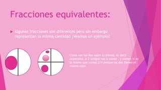 Fracciones equivalentes:
 Algunas fracciones son diferentes pero sin embargo
representan la misma cantidad ¡Veamos un ejemplo!
Como ven los dos valen lo mismo, es decir
(ejemplo), si 2 amigos van a comer , y comen ½ es
lo mismo que comas 2/4 porque los dos tienen el
mismo valor.
 