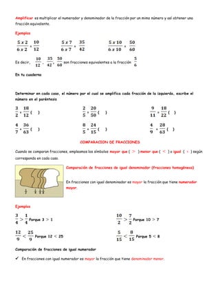 Amplificar es multiplicar el numerador y denominador de la fracción por un mimo número y así obtener una
fracción equivalente.
Ejemplos
= = =
Es decir, , son fracciones equivalentes a la fracción
En tu cuaderno
Determinar en cada caso, el número por el cual se amplifica cada fracción de la izquierda, escribe el
número en el paréntesis
= ( )
= ( )
= ( )
= ( )
= ( )
= ( )
COMPARACION DE FRACCIONES
Cuando se comparan fracciones, empleamos los símbolos mayor que ( ) menor que ( ) o igual ( = ) según
corresponda en cada caso.
Comparación de fracciones de igual denominador (fracciones homogéneas)
En fracciones con igual denominador es mayor la fracción que tiene numerador
mayor.
Ejemplos
Porque 3 1
Porque 12 25
Porque 10 7
Porque 5 8
Comparación de fracciones de igual numerador
 En fracciones con igual numerador es mayor la fracción que tiene denominador menor.
 