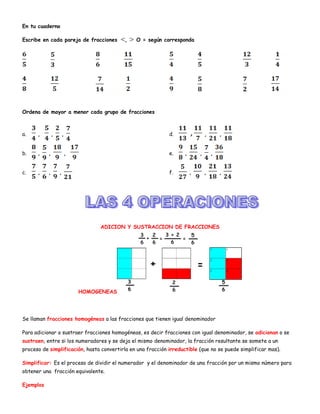 En tu cuaderno
Escribe en cada pareja de fracciones , O = según corresponda
Ordena de mayor a menor cada grupo de fracciones
a. , , ,
b. , , ,
c. , , ,
d. , ,
e. , , ,
f. , , ,
ADICION Y SUSTRACCION DE FRACCIONES
HOMOGENEAS
Se llaman fracciones homogéneas a las fracciones que tienen igual denominador
Para adicionar o sustraer fracciones homogéneas, es decir fracciones con igual denominador, se adicionan o se
sustraen, entre si los numeradores y se deja el mismo denominador, la fracción resultante se somete a un
proceso de simplificación, hasta convertirla en una fracción irreductible (que no se puede simplificar mas).
Simplificar: Es el proceso de dividir el numerador y el denominador de una fracción por un mismo número para
obtener una fracción equivalente.
Ejemplos
 