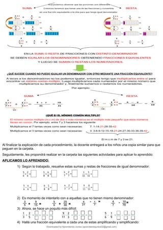 ¿QUÉ SUCEDE CUANDO NO PUEDO IGUALAR UN DENOMINADOR CON OTRO MEDIANTE UNA FRACCIÓN EQUIVALENTE?
Al finalizar la explicación de cada procedimiento, la docente entregará a los niños una copia similar para que
peguen en la carpeta.
Seguidamente, les propondrá realizar en la carpeta las siguientes actividades para aplicar lo aprendido:
APLICAMOS LO APRENDIDO:
1) Según lo trabajado, resuelve estas sumas y restas de fracciones de igual denominador:
2) Es momento de intentarlo con a aquellas que no tienen mismo denominador:
3) Ahora, se hace un poquito más difícil:
4) Hallá una fracción equivalente a cada una de estas amplificando y simplificando:
Downloaded by Aprendiendo Juntos (aprendiendojuntos32@gmail.com)
lOMoARcPSD|13303286
 