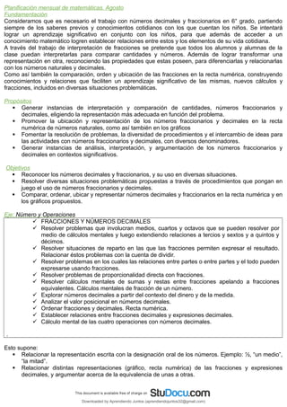 Planificación mensual de matemáticas. Agosto
Fundamentación
Consideramos que es necesario el trabajo con números decimales y fraccionarios en 6° grado, partiendo
siempre de los saberes previos y conocimientos cotidianos con los que cuentan los niños. Se intentará
lograr un aprendizaje significativo en conjunto con los niños, para que además de acceder a un
conocimiento matemático logren establecer relaciones entre estos y los elementos de su vida cotidiana.
A través del trabajo de interpretación de fracciones se pretende que todos los alumnos y alumnas de la
clase puedan interpretarlas para comparar cantidades y números. Además de lograr transformar una
representación en otra, reconociendo las propiedades que estas poseen, para diferenciarlas y relacionarlas
con los números naturales y decimales.
Como así también la comparación, orden y ubicación de las fracciones en la recta numérica, construyendo
conocimientos y relaciones que faciliten un aprendizaje significativo de las mismas, nuevos cálculos y
fracciones, incluidos en diversas situaciones problemáticas.
Propósitos
 Generar instancias de interpretación y comparación de cantidades, números fraccionarios y
decimales, eligiendo la representación más adecuada en función del problema.
 Promover la ubicación y representación de los números fraccionarios y decimales en la recta
numérica de números naturales, como así también en los gráficos
 Fomentar la resolución de problemas, la diversidad de procedimientos y el intercambio de ideas para
las actividades con números fraccionarios y decimales, con diversos denominadores.
 Generar instancias de análisis, interpretación, y argumentación de los números fraccionarios y
decimales en contextos significativos.
Objetivos
 Reconocer los números decimales y fraccionarios, y su uso en diversas situaciones.
 Resolver diversas situaciones problemáticas propuestas a través de procedimientos que pongan en
juego el uso de números fraccionarios y decimales.
 Comparar, ordenar, ubicar y representar números decimales y fraccionarios en la recta numérica y en
los gráficos propuestos.
Eje: Número y Operaciones
 FRACCIONES Y NÚMEROS DECIMALES
 Resolver problemas que involucran medios, cuartos y octavos que se pueden resolver por
medio de cálculos mentales y luego extendiendo relaciones a tercios y sextos y a quintos y
décimos.
 Resolver situaciones de reparto en las que las fracciones permiten expresar el resultado.
Relacionar éstos problemas con la cuenta de dividir.
 Resolver problemas en los cuales las relaciones entre partes o entre partes y el todo pueden
expresarse usando fracciones.
 Resolver problemas de proporcionalidad directa con fracciones.
 Resolver cálculos mentales de sumas y restas entre fracciones apelando a fracciones
equivalentes. Cálculos mentales de fracción de un número.
 Explorar números decimales a partir del contexto del dinero y de la medida.
 Analizar el valor posicional en números decimales.
 Ordenar fracciones y decimales. Recta numérica.
 Establecer relaciones entre fracciones decimales y expresiones decimales.
 Cálculo mental de las cuatro operaciones con números decimales.
.
Esto supone:
 Relacionar la representación escrita con la designación oral de los números. Ejemplo: ½, “un medio”,
“la mitad”.
 Relacionar distintas representaciones (gráfico, recta numérica) de las fracciones y expresiones
decimales, y argumentar acerca de la equivalencia de unas a otras.
Downloaded by Aprendiendo Juntos (aprendiendojuntos32@gmail.com)
lOMoARcPSD|13303286
 