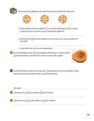 15
21 Vanesa tiene tres galletones.Escribe la fracción que representa cada parte.
a. Vanesa reparte el primer galletón: 1
2
a su mamá y del segundo, 2
6
a su papá.
¿Cuál de los dos va a comer menos cantidad de galletón?
b.Si Vanesa le da 2
3
del tercer galletón a su hermana,¿con cuántos galletones
se quedó?
c. ¿Cuál de los tres comió menos galletones?
22 La mamá de Pepe compró 1
2
kg de zapallo,mientras que su vecina compró
2
4
de kg de zapallo.¿Cuál de las dos señoras compró más zapallo?
23 La mamá de Sonia compró en el mercado 1 1
2
kg de papas y la mamá de Pepe,2 kg de
zanahorias.¿Cuál de las dos señoras compró menos kilos?
¿Por qué?
24 ¿Qué pesa más: 1
2
kg de naranjas o 2
4
kg de tomates?
25 ¿Qué pesa menos: 1
4
kg de avellanas o 1
2
kg de ciruelas?
4º CUADERNILLO 4.indd 15 29/11/11 09:08:22
 