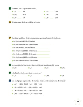31
15 Escribe >,< o = según corresponda.
a. 3,5 5,3
c. 0,30 0,03
e. 5,014 5,1
b.1,45 1,54
d.1,60 1,60
f. 3,29 3,92
16 Representa el decimal 0,8.Elige la forma.
17 Escribe en palabras el número que corresponde a la posición indicada.
a. En el número 2,78 la décima es
b.En el número 13,08 la centésima es
c. En el número 2,25 la décima es
d.En el número 2,013 la milésima es
e. En el número 9,090 la décima es
f. En el número 14,2 la centésima es
g.En el número 10,126 la milésima es
18 La expresión“ocho enteros y dos centésimos”se debe escribir como:
a. 8,82 b.8,2 c. 8,02 d.8,002
19 ¿Cuál de los siguientes números es mayor?
a. 4,75 b.4,8 c. 4,009 d.4,09
20 ¿En cuál grupo se presentan de manera descendente los números decimales?
a. 1,609 – 1,096 – 1,069 – 1,69 – 1,96 – 1,906
b.1,96 – 1,906 – 1,69 – 1,609 – 1,096 – 1,069
c. 1,96 – 1,096 – 1,69 – 1,069 – 1,906 – 1,609
d.1,069 – 1,096 – 1,609 – 1,69 – 1,906 – 1,96
4º CUADERNILLO 4.indd 31 29/11/11 09:08:52
 